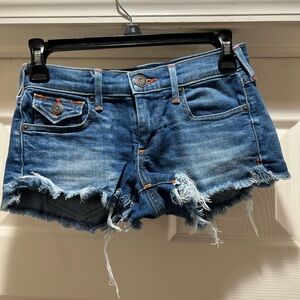 True Religion Blue Jean Shorts Distressed Frayed Hem